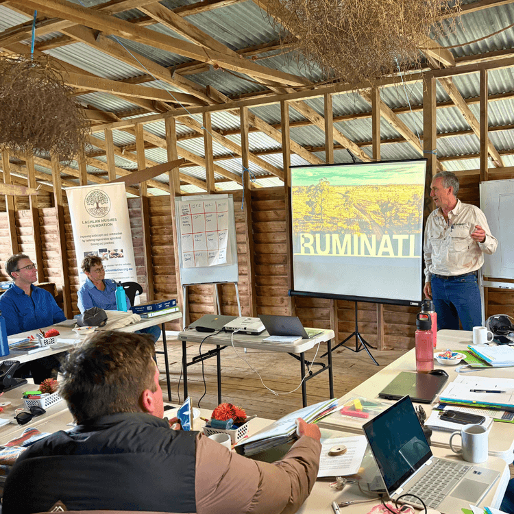 Bill Findlay leads a workshop with the Lachlan Hughes Foundation on the benefits of emissions tracking for a farm business.