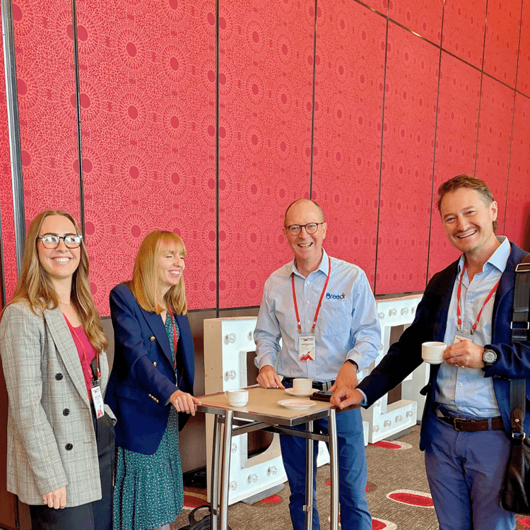 Ruminati COO Will Onus with Sandy Gain from Mars and Jess and Justin from Breedr ahead of the sustainability panel at Semex 2025.
