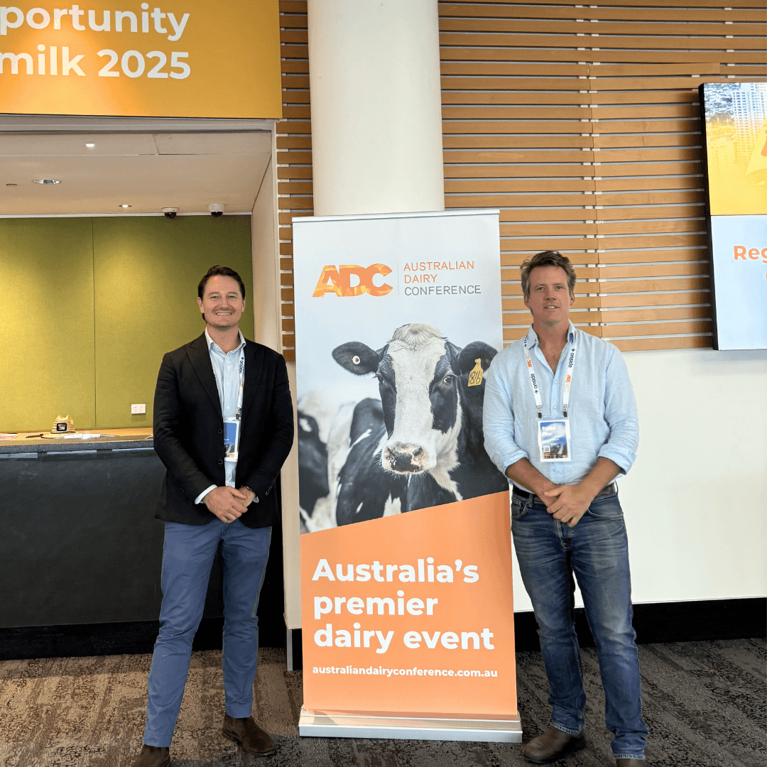 Ruminati COO Will Onus and Ruminati CEO Bobby Miller learn about the benefits of beef on dairy at the Australian Dairy Conference 2025.