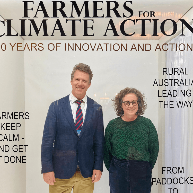 Ruminati CEO Bobby Miller with EAS Principal Dr Carly Green ahead of their panel at the Farmers for Climate Action summit 2025.