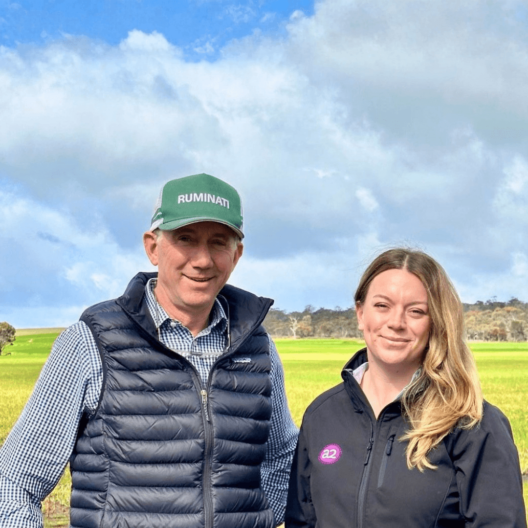 Ruminati's Bill Findlay and the a2 Milk Company's Talulah Gaunt during their visit to dairy farmers in WA.