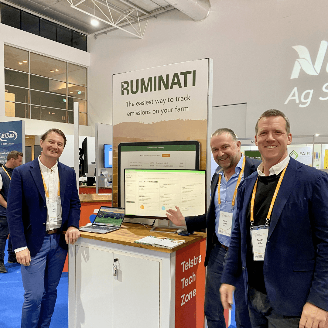 Will Onus, Peter Leihn and Bobby Miller show off the Ruminati platform at the National Farmers Federation Conference in 2023.
