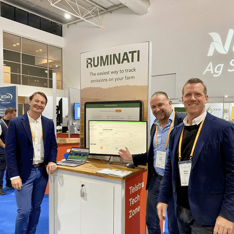 Will Onus, Peter Leihn and Bobby Miller show off the Ruminati platform at the National Farmers Federation Conference in 2023.